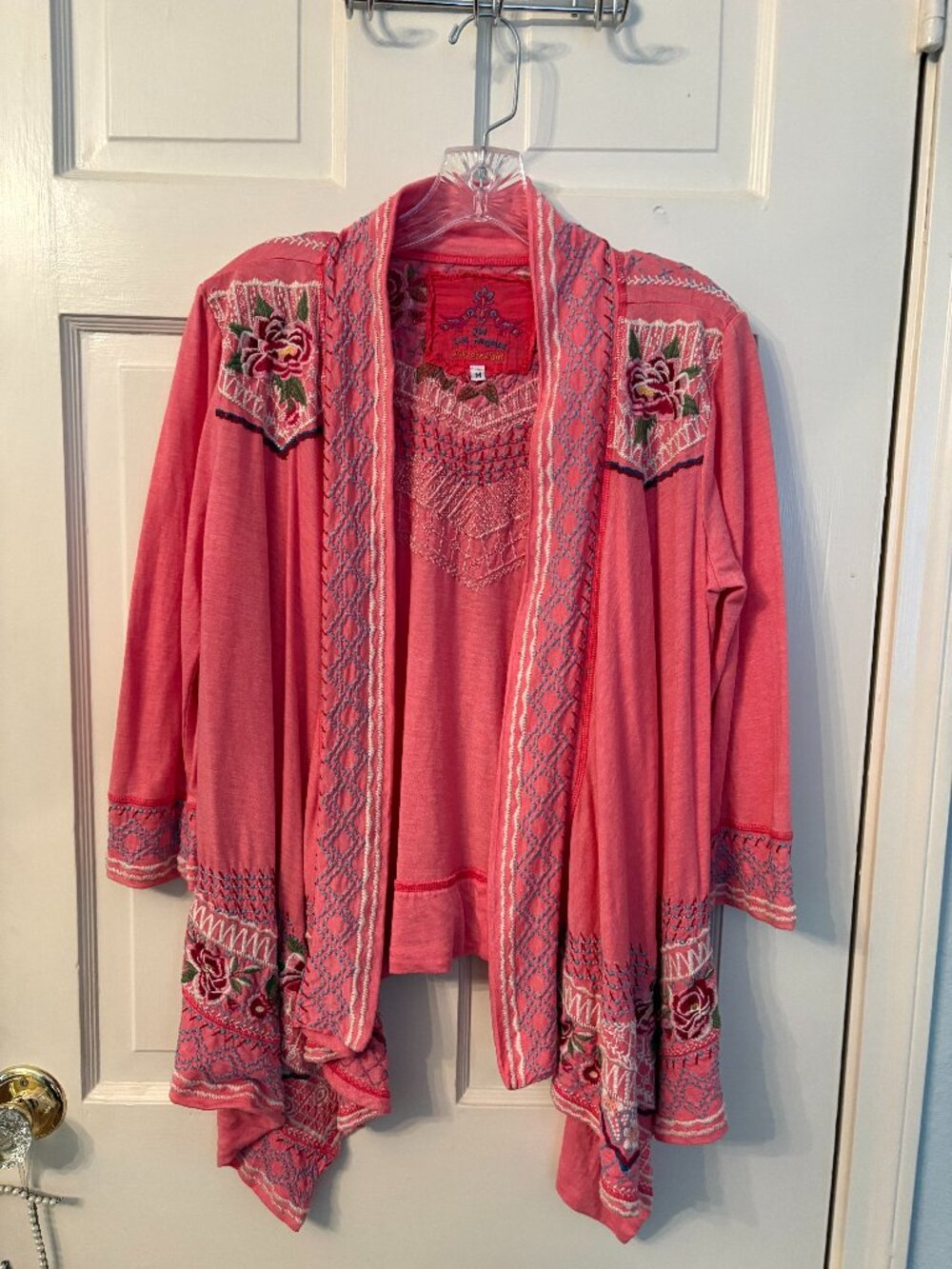 Johnny Was pink embroidered cardigan